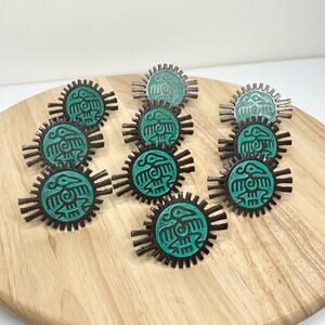 Vintage Southwestern Aztec Sun Eagle Bird Turquoise Napkin Rings Set of 10